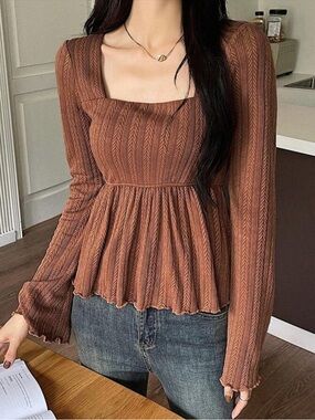 SHEIN - Square Neck Lettuce Trim Peplum Long Sleeve Top